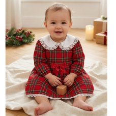 KWD04: Baby Girls Red Tartan Bow Dress With Lace Trim & Lining (0-4 years, Made in UK)